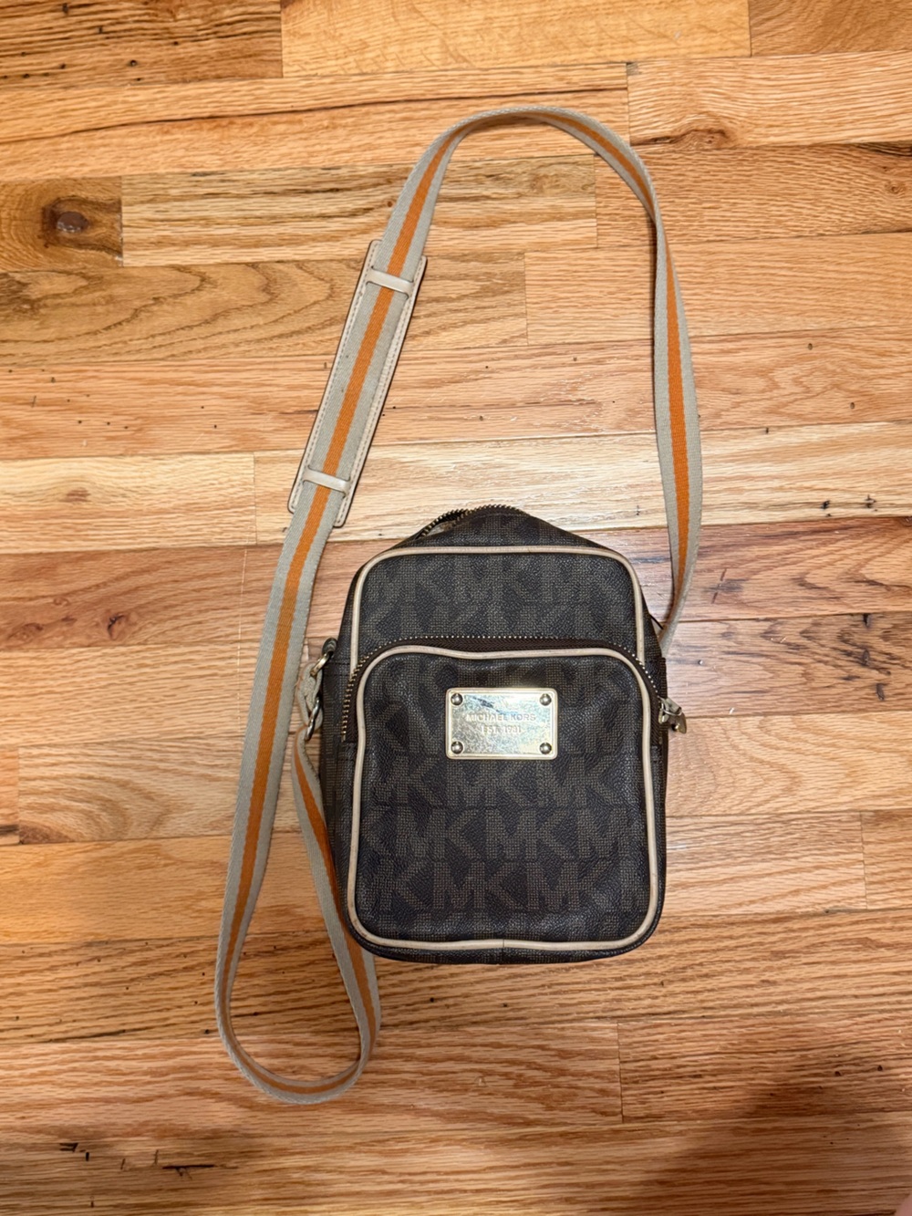 Michael Kors Dark Brown Monogram Crossbody with Tan-Striped Strap